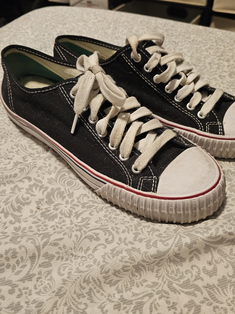 P.F. Flyers Black Canvas Low-Top Sneakers with White Laces and Red Stripe
